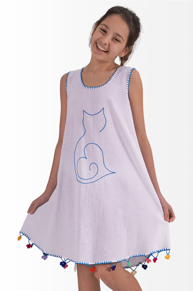 Şile Bezi Kız Çocuk Yazlık Elbise El İşi Mavi Kedi Motifli Ada Model Beyaz