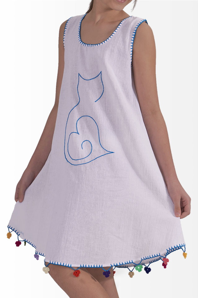 Şile Bezi Kız Çocuk Yazlık Elbise El İşi Mavi Kedi Motifli Ada Model Beyaz