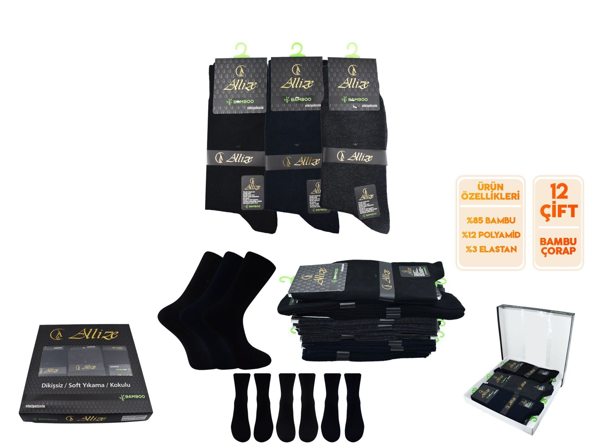 Allize 1245 Yıkamalı Dikişsiz Ter Emici Erkek Bambu Çorap 12'li
