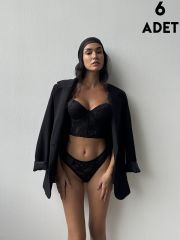 Cansoy 685 Siyah Simli Lez Balenli Destekli Bustiyer Takım 6'lı