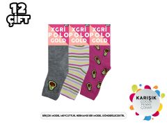 XGRİ POLO 3'lü Kız Çocuk Yıkamalı Penye Soket Çorap 12'li