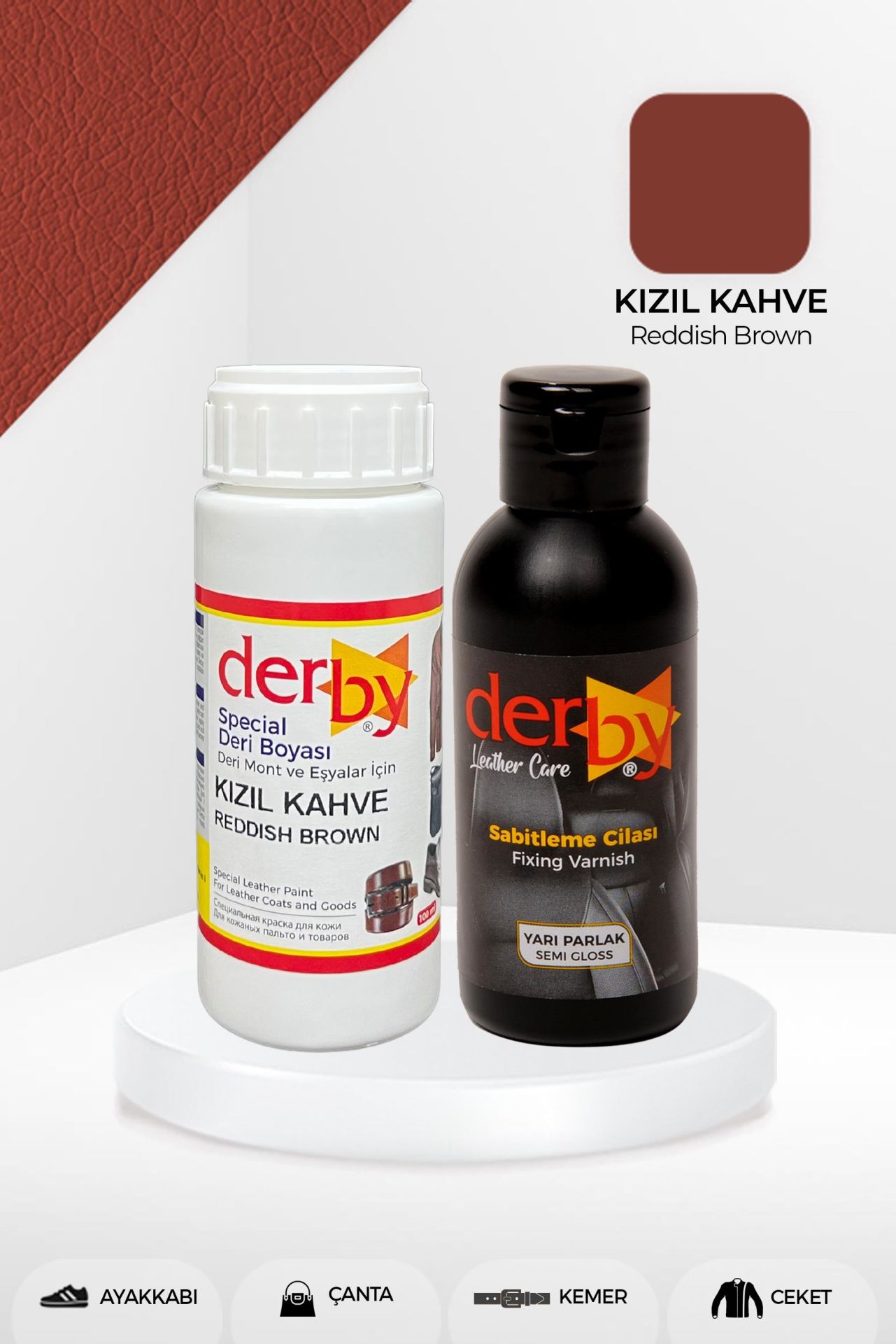 Derby Special Deri Boyası ve Cilası 100 mL - 2'li Set / Mont Eşya Çanta Deri Boyası Kızıl Kahve