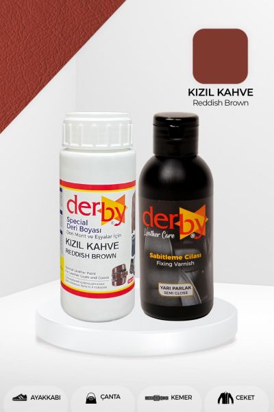 Derby Special Deri Boyası ve Cilası 100 mL - 2'li Set / Mont Eşya Çanta Deri Boyası Kızıl Kahve
