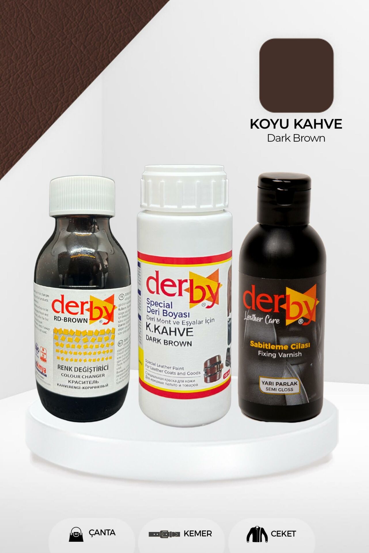 Derby Deri Mont ve Eşya Renk Değiştirme Seti / Mont Eşya Çanta Kemer Cüzdan Renk Değiştirme Koyu Kahve