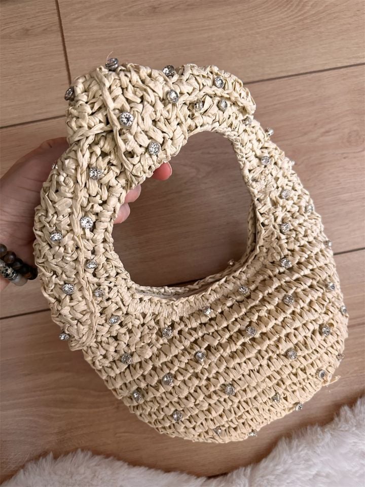 Taşlı Hasır Kadın Çantası