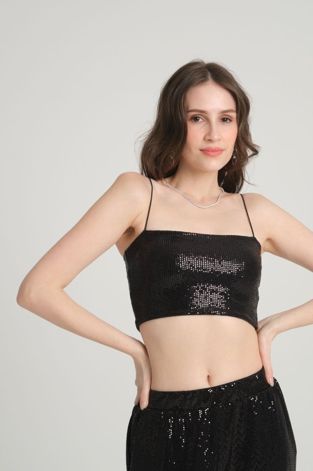 Siyah Pul Payet Askılı Crop Top