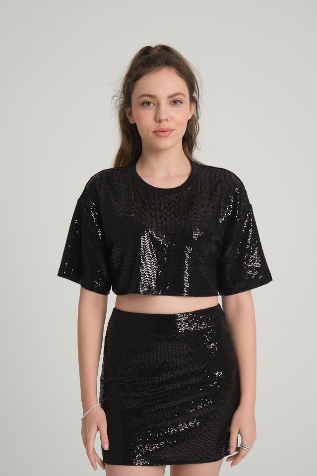 Siyah Pul Payet Crop Top