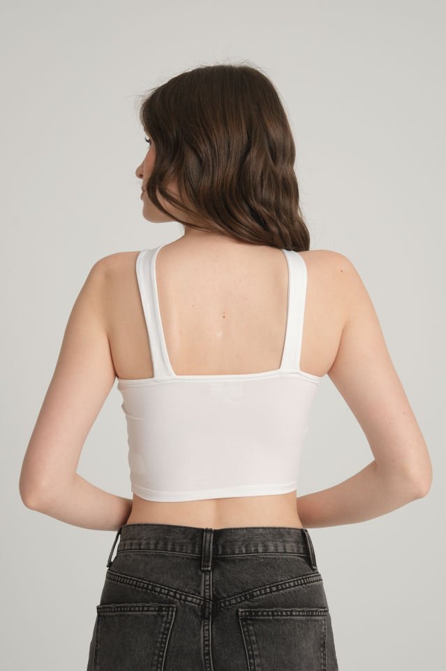 Çapraz Askılı Beyaz Crop Top