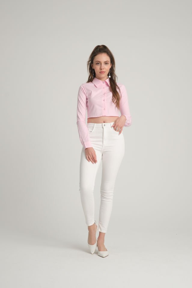 Pembe Crop Poplin  Gömlek