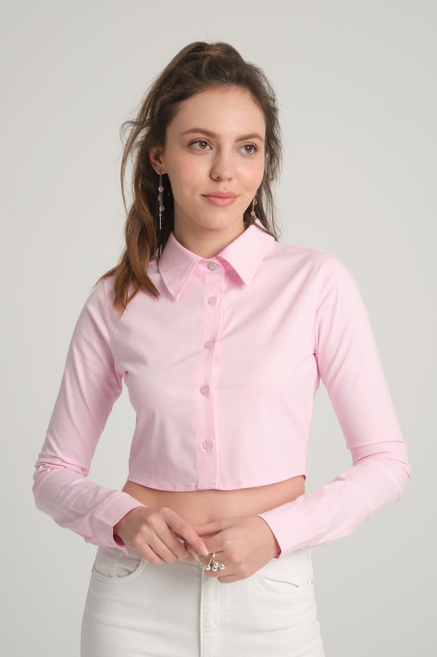 Pembe Crop Poplin  Gömlek
