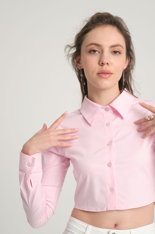 Pembe Crop Poplin  Gömlek