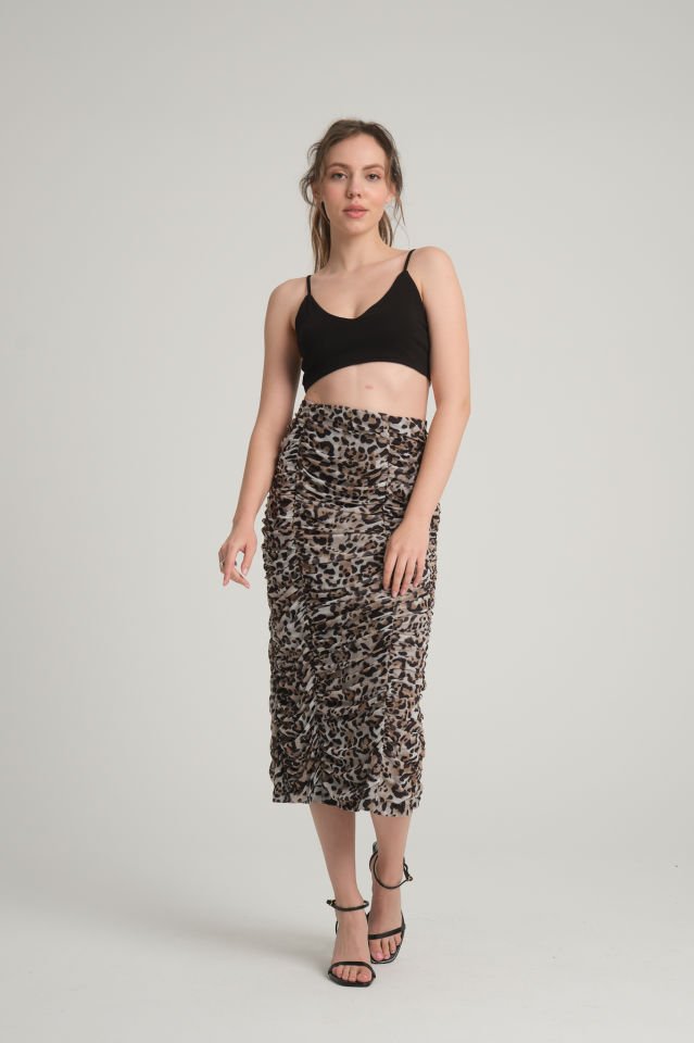 Leopar Büzgülü Midi Etek