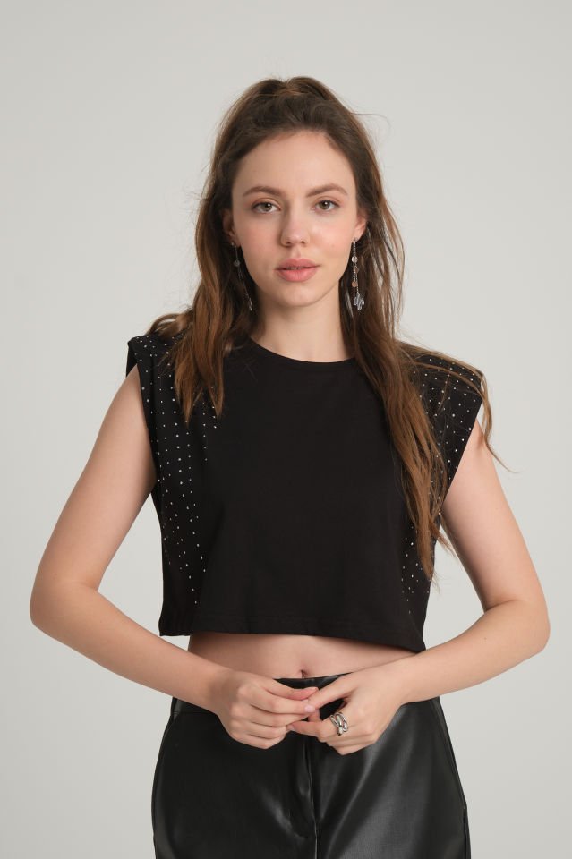 Taşlı Siyah Crop T-Shirt
