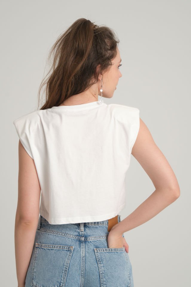 Taşlı Beyaz Crop T-Shirt