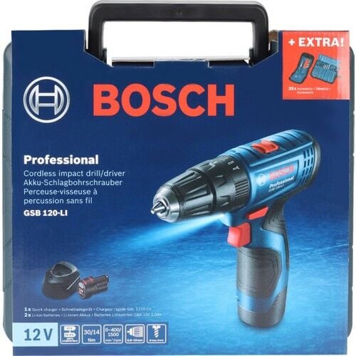 Bosch Professional GSB 120 LI 2 AH Çift Akülü Darbeli Delme Vidalama + Aksesuar Seti