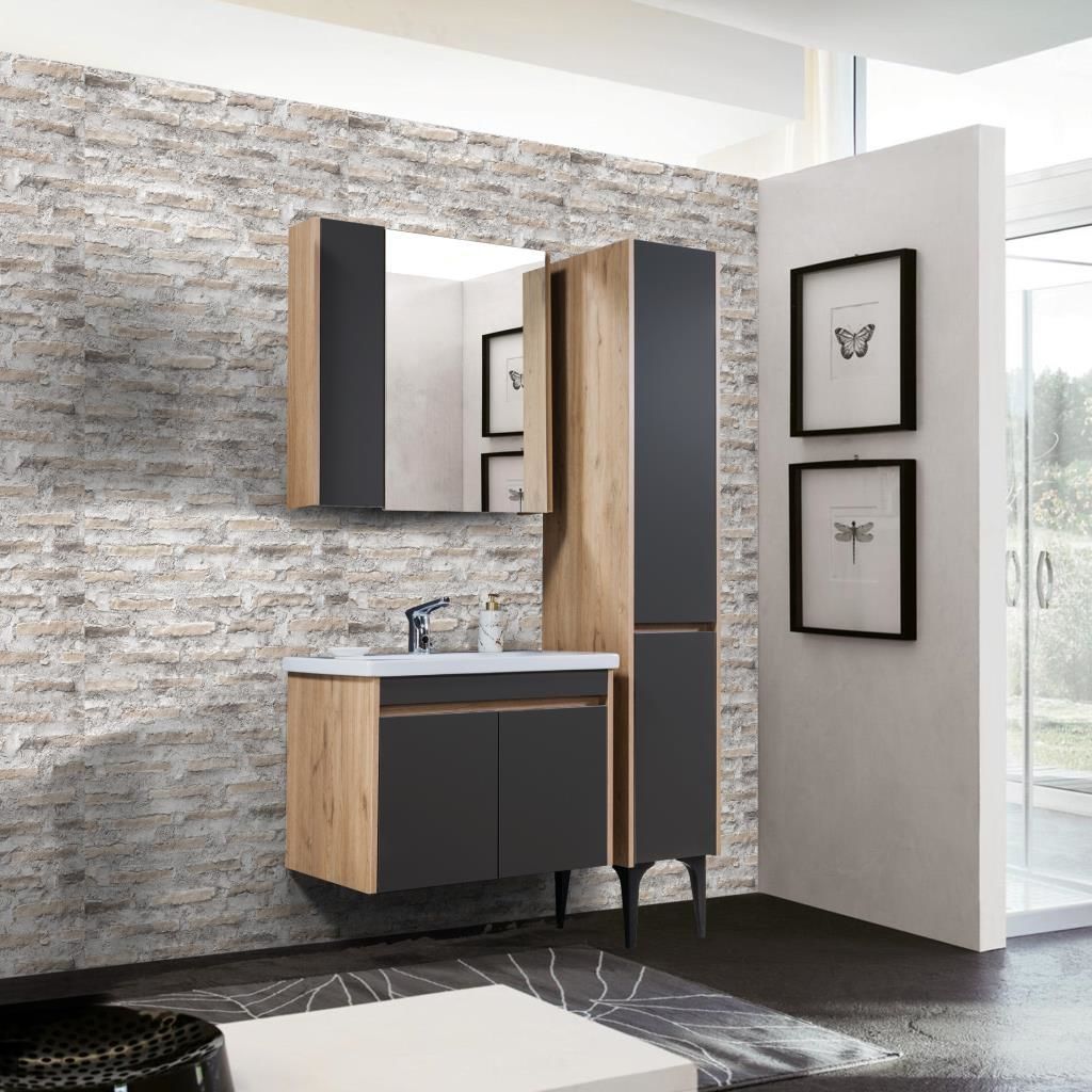 İstanbul Banyo Dolabı - 80 cm - 3'lü Set - Meşe - Fırtına Gri