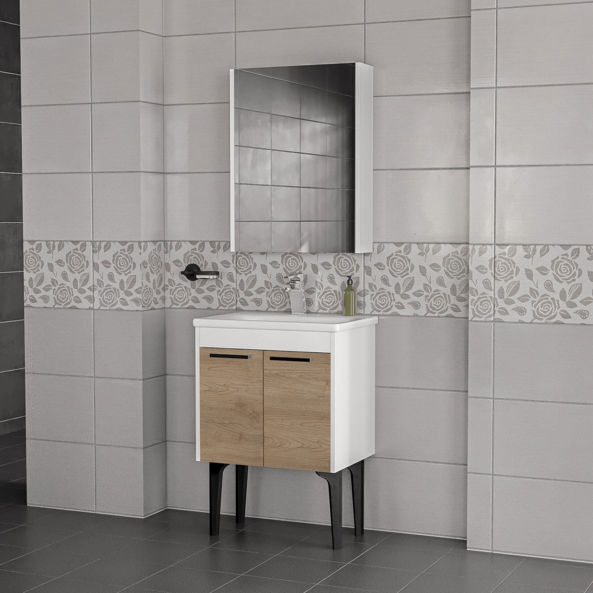 Toronto Banyo Dolabı - 60 cm - 2'li Set - Beyaz - Meşe