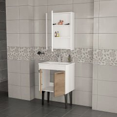 Toronto Banyo Dolabı - 60 cm - 2'li Set - Beyaz - Meşe