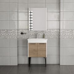 Toronto Banyo Dolabı - 60 cm - 2'li Set - Beyaz - Meşe
