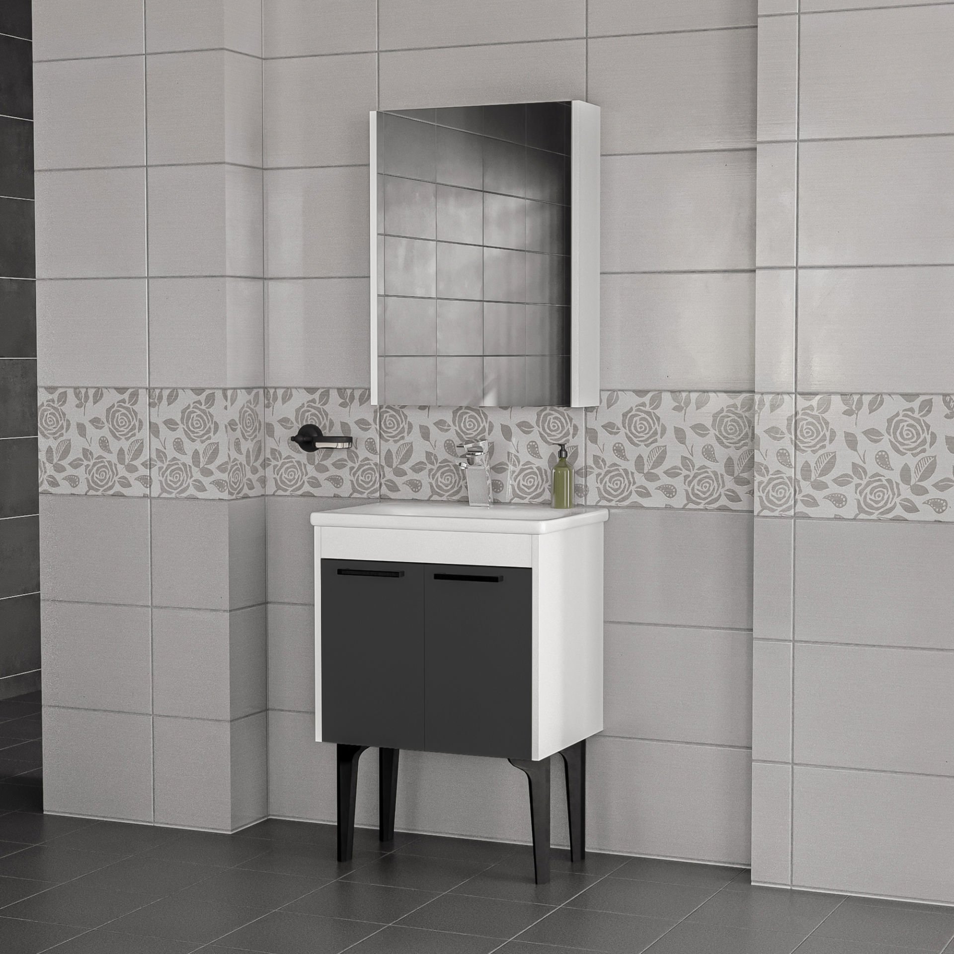 Toronto Banyo Dolabı - 60 cm - 2'li Set - Beyaz - Mat Antrasit