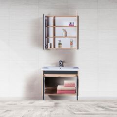 İstanbul Banyo Dolabı - 80 cm - 2'li Set - Meşe - Fırtına Gri
