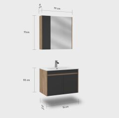 İstanbul Banyo Dolabı - 80 cm - 2'li Set - Meşe - Fırtına Gri