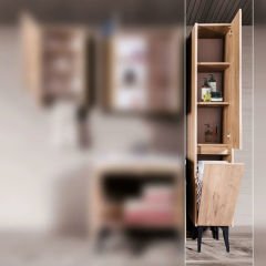 Çamaşır Sepetli Boy Dolabı Kombin - 40 cm - Meşe - Sm Fırtına Gri