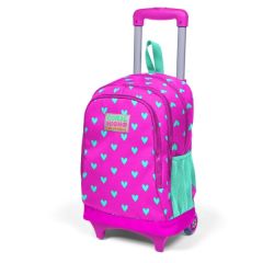 Coral High Kids Neon Pembe Su Yeşili Kalp Desenli Üç Bölmeli Çekçekli Okul Sırt Çantası 23133