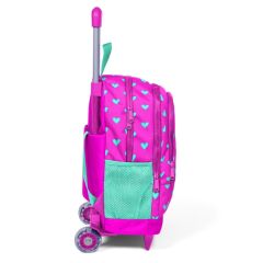 Coral High Kids Neon Pembe Su Yeşili Kalp Desenli Üç Bölmeli Çekçekli Okul Sırt Çantası 23133