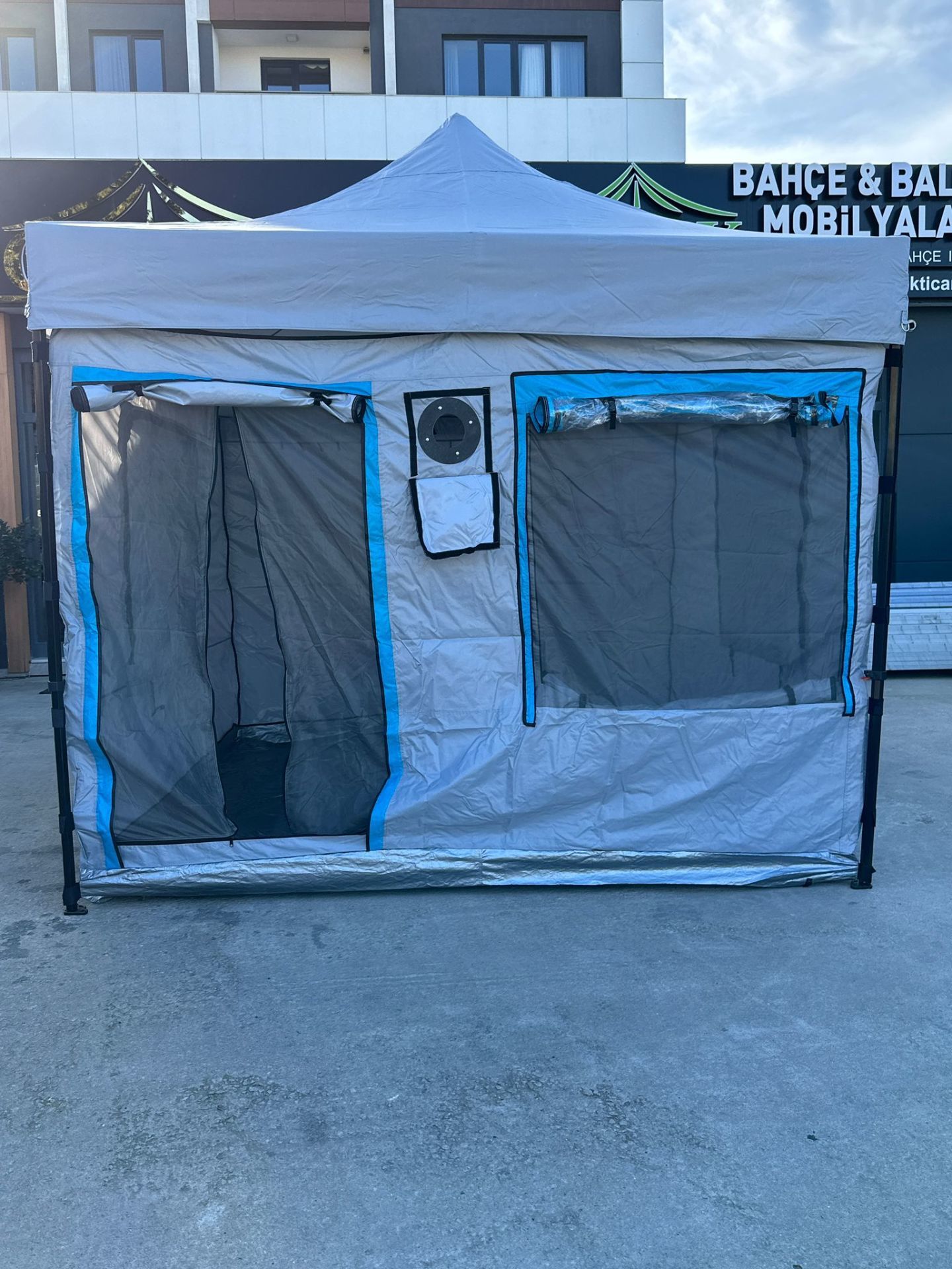 CLK 3x3 30 mm Profil Katlanır Gazebo Portatif Kamp Çadır Açık Gri Mavi Detaylı