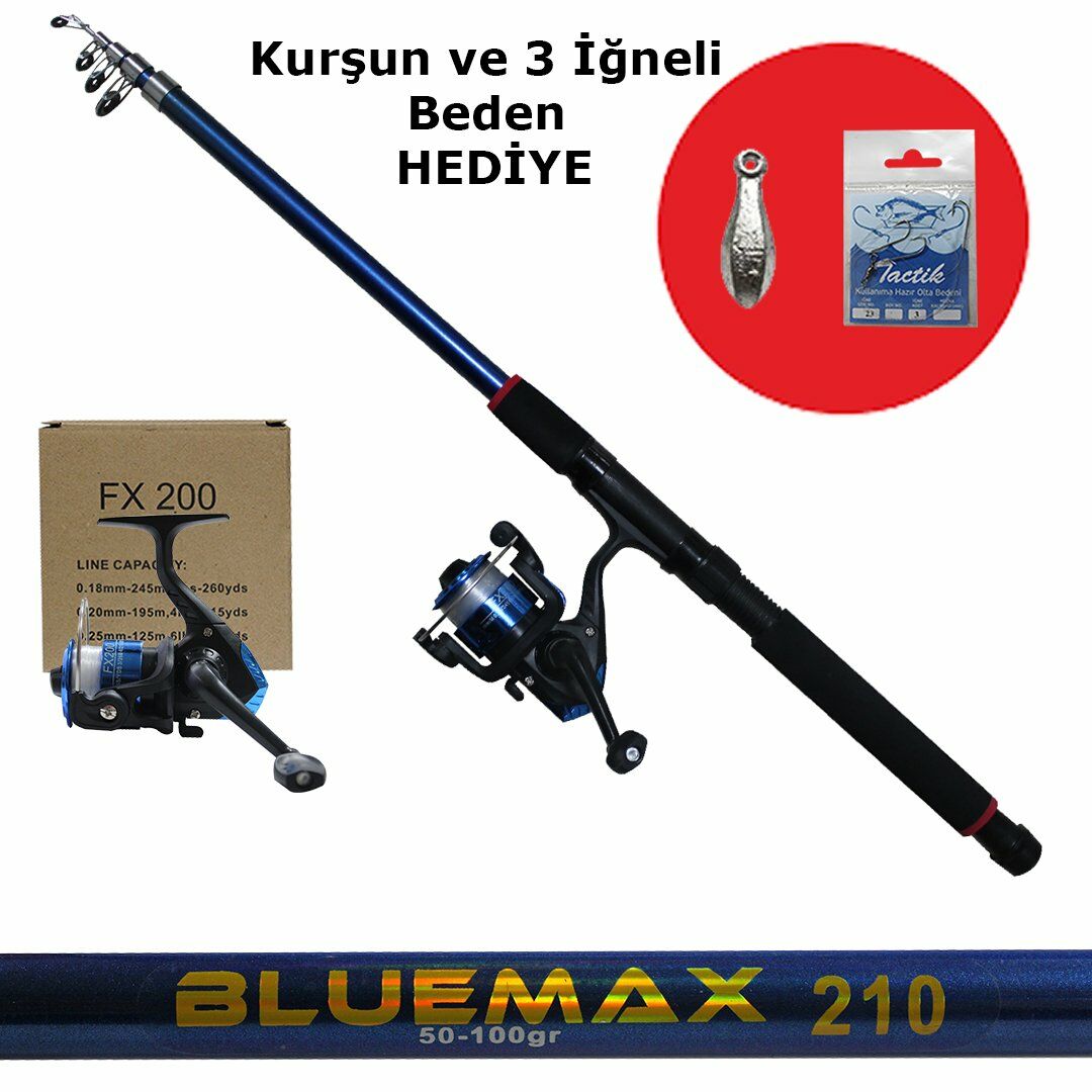 BlueMax 2.10 cm FX200 Misina Sarılı Olta Seti, Balıkçı Seti, Tam Takım Hobi Kıyı Çocuk Olta Seti