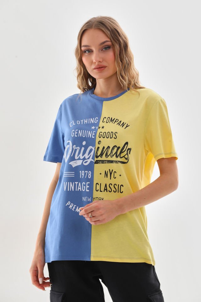 Kadın Bloklu Renkli Baskılı Kısa Kol Bisiklet Yaka T-shirt XL