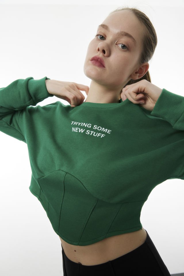 Bel Korse Detaylı Crop Slogan Baskılı Sweatshirt Yeşil XL