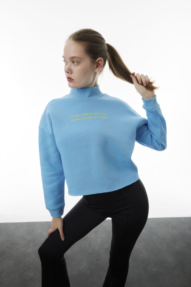 Crop Sweatshirt Şardonlu Uzun Kollu XL