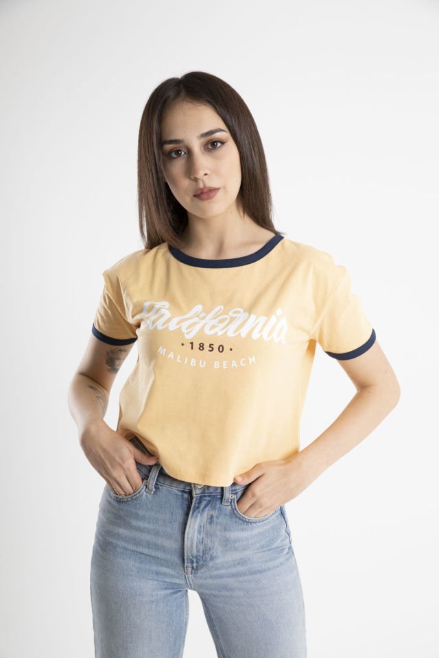 Kadın California Baskılı Crop T-Shirt XL