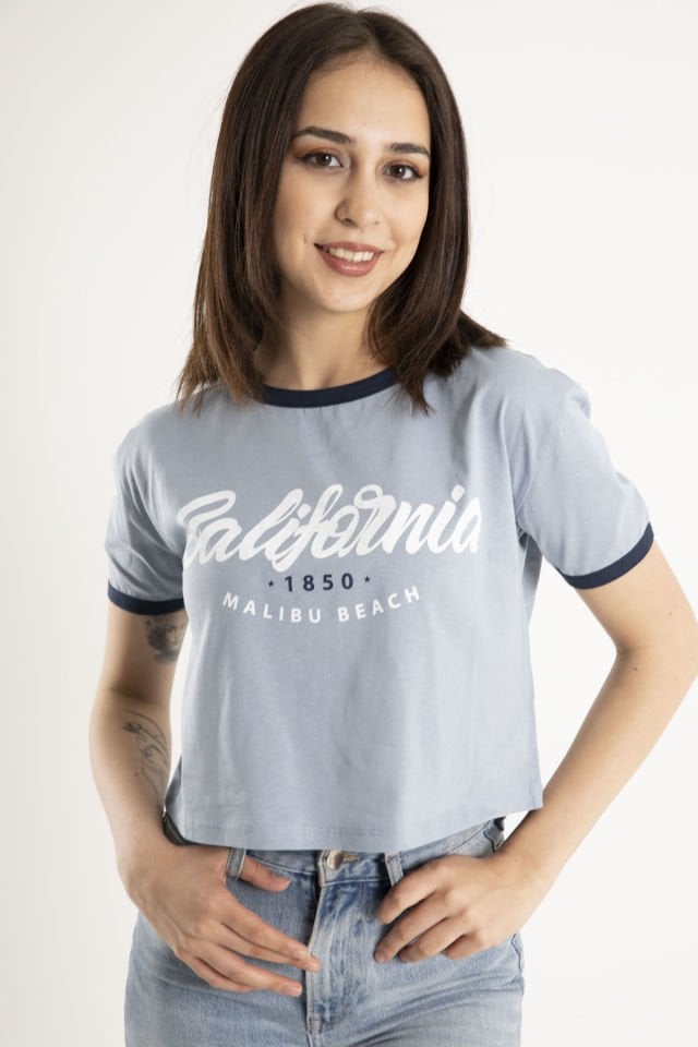 Kadın California Baskılı Crop T-Shirt