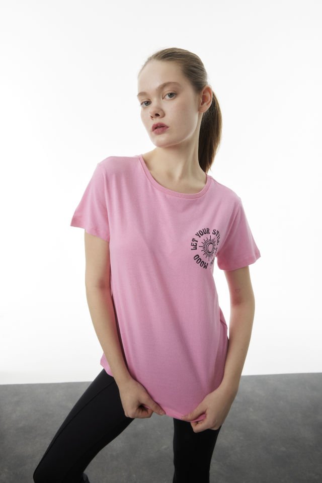 Pembe Slogan Baskılı Kısa Kollu Basic T-shirt xs