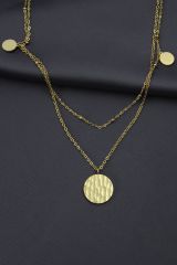 Çelik Gold Renk Desenli Oval Model Çift Zincir Tasarımlı Kadın Kolye