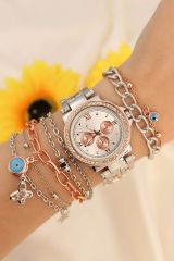 Gümüş Metal Kordonlu Rose Taşlı Kasa Tasarımlı Roma Rakamlı Saat ve Bileklik Seti