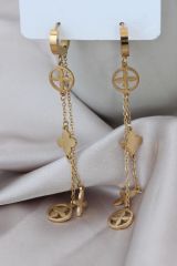 Çelik Gold Renk Yonca Tasarımlı Sallantılı Kadın Küpe