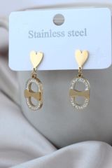Çelik Gold Renkli Kalp Tasarımlı Taşlı Sallantılı Kadın Küpe