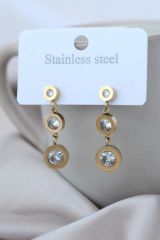 Çelik Gold Renk Zirkon Taşlı Oval Tasarımlı Sallantılı Kadın Küpe
