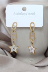 Çelik Gold Renk Zirkon Taşlı Yıldız Tasarımlı Sallantılı Kadın Küpe