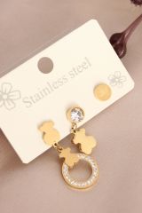 Çelik Gold Renk Teddy Model Minimal Taşlı Küpe Seti