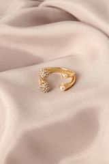 Gold Renk Metal Zirkon Taşlı İncili Ayarlanabilir Kadın Yüzük