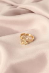 Gold Renkli Metal Zirkon Taşlı Yonca Model Ayarlanabilir Kadın Yüzük