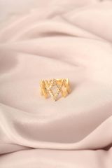 Gold Renk Metal Zirkon Taşlı Geometrik Desen Ayarlanabilir Kadın Yüzük