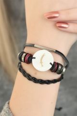 Siyah Renk Zülfikar Kılıçlı Tasarım Çoklu Deri Bayan Bileklik