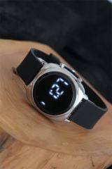 Silver Metal Kasa Siyah Silikon Kordonlu Dijital Led Erkek Kol Saati