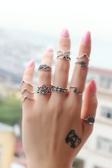 Eskitme Gümüş Renk Metal Yaprak ve Deniz Kabuklu Otantik 10lu Yüzük Seti